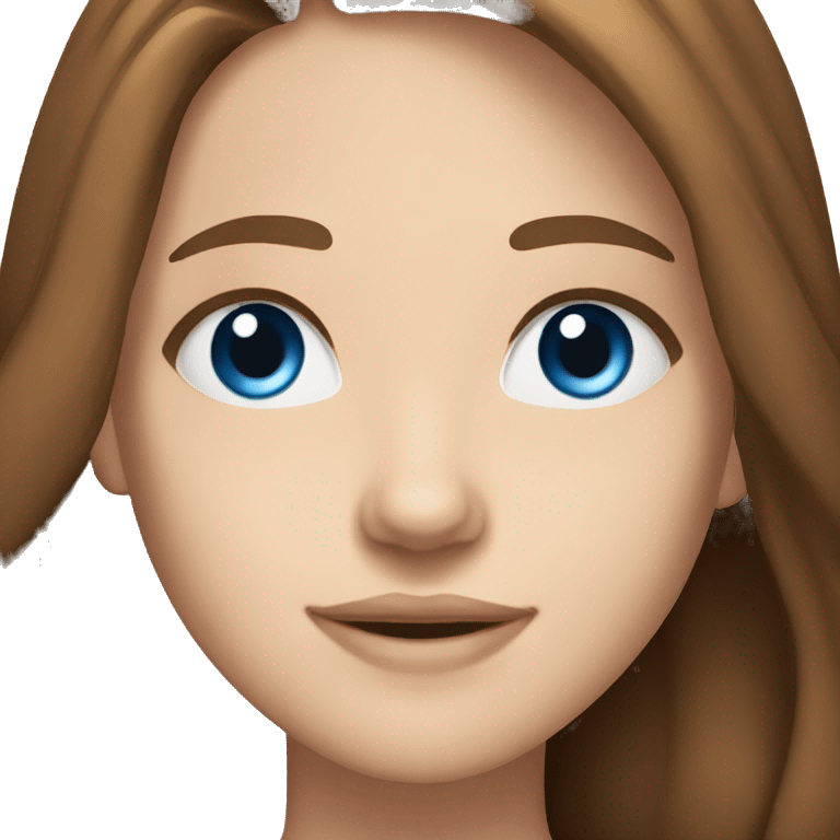 20 year old girl, dark blue eyes, middle part, long brown hair out, smiling, blue eyes. white skin emoji