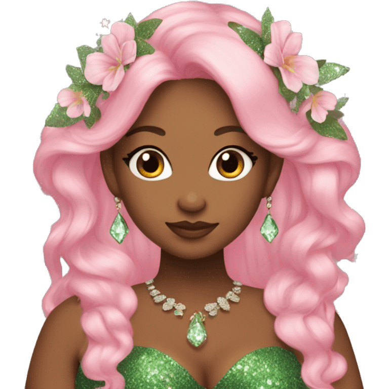 plus size woman, long beautiful pink hair, flowers in hair, glitter green dress, crystal jewelry, fairy wings, elf ears emoji