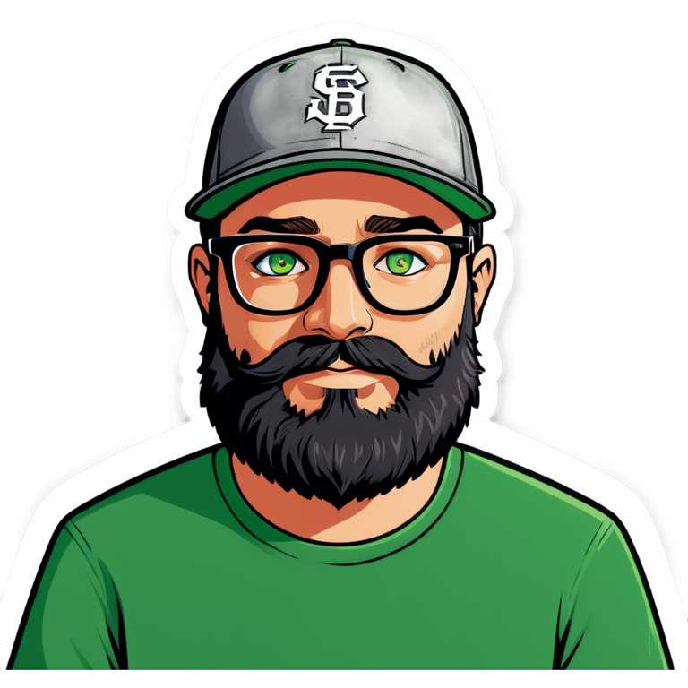 A bold man with a grey baseball cap, green eyes, big beard and glasses, holding a bouquet  emoji