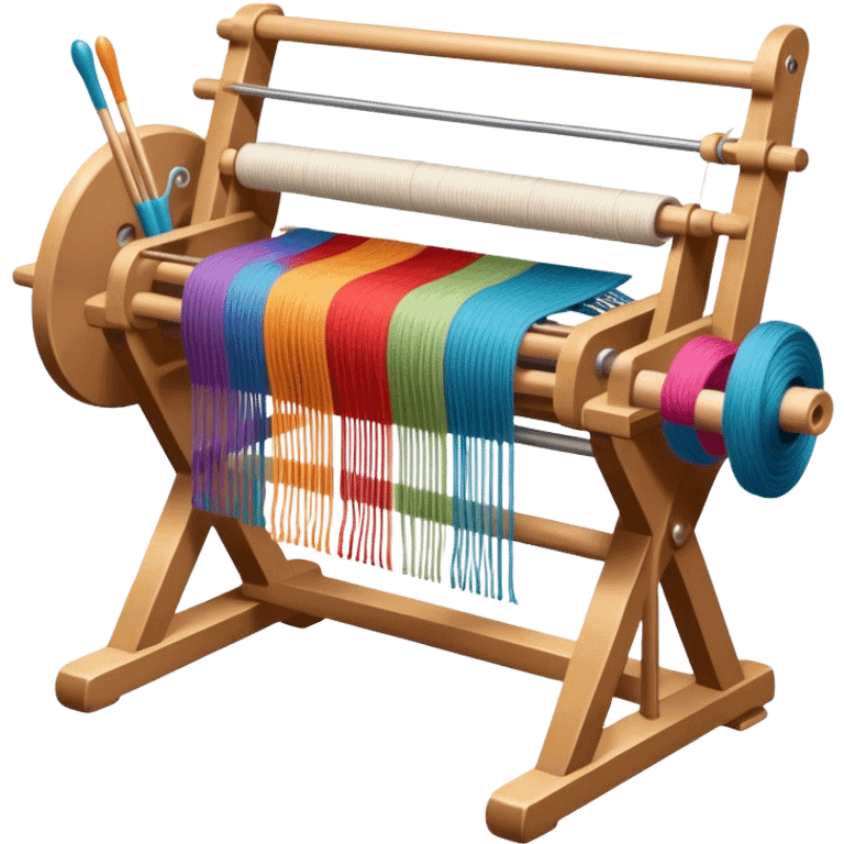 Weaving icon, loom with threads in various colors, visible shuttle, spools of yarn, and weaving tools in progress, fabric being woven, minimalistic style, clean lines, transparent background. emoji