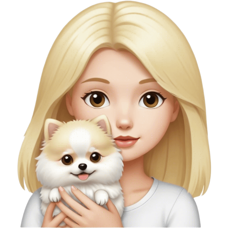 blond hair girl holding a white pomeranian   emoji