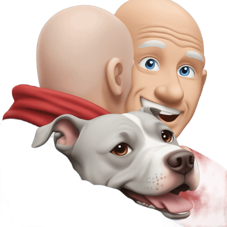 large gray male pit bull smiling and hugging bald white mature man no beard blue eyes with red tshirt emoji