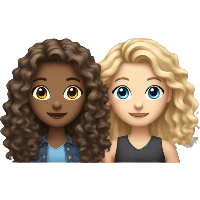 Create an image of 3 girlfriends.1 girl with curly brown - haired woman with brown eyes.next girl with long hair with a blonde ombre, brown eyes.next girl with black wavy long hair, blue eyes. emoji