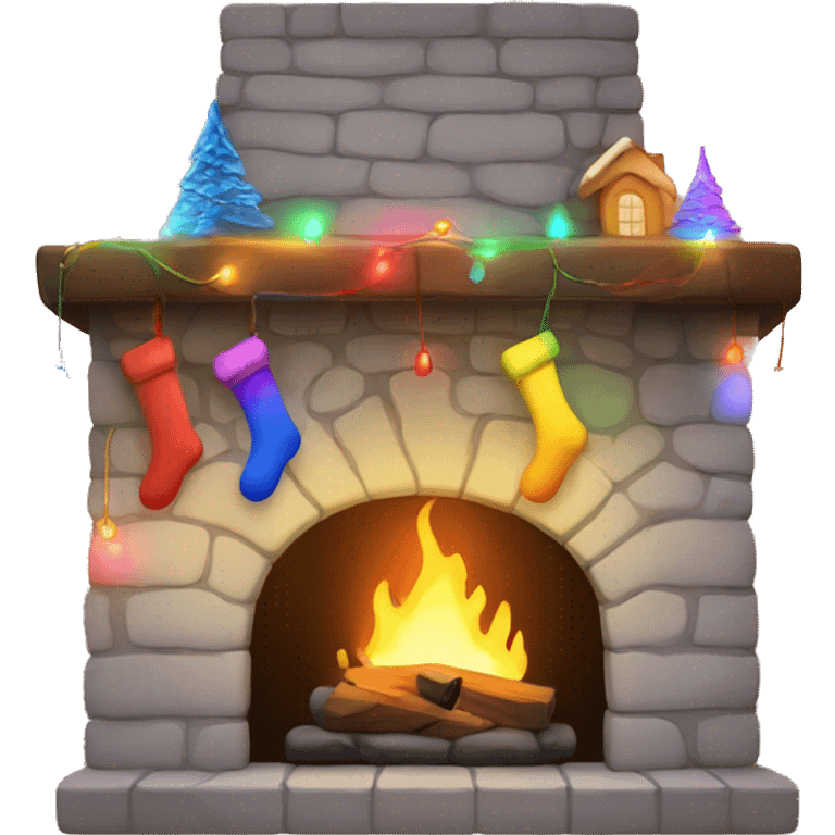 Cozy fire place with rainbow Christmas light hanging down emoji