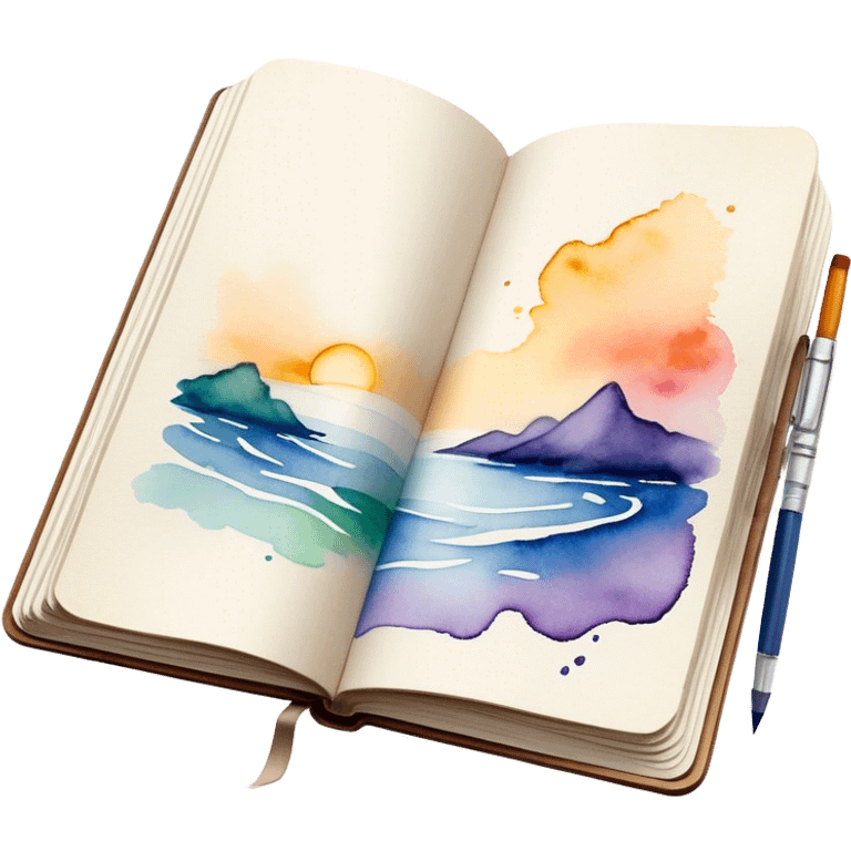 Cinematic Realistic image of an open sketchbook accompanied by a set of translucent watercolors, with delicate pigment stains and soft, flowing brushstrokes, captured under gentle, diffused lighting that highlights creative fluidity emoji