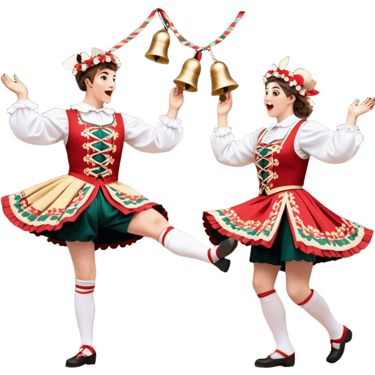 Cinematic Realistic scene of two performers executing a Morris Dance in full traditional costume—with bells, ribbons, and clogs—captured in dynamic motion against a rustic English backdrop and warm, golden lighting emoji