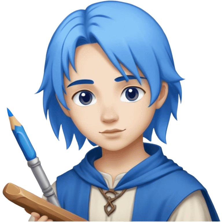 smart young painter apprentice with blu hair  drawing, medieval age emoji