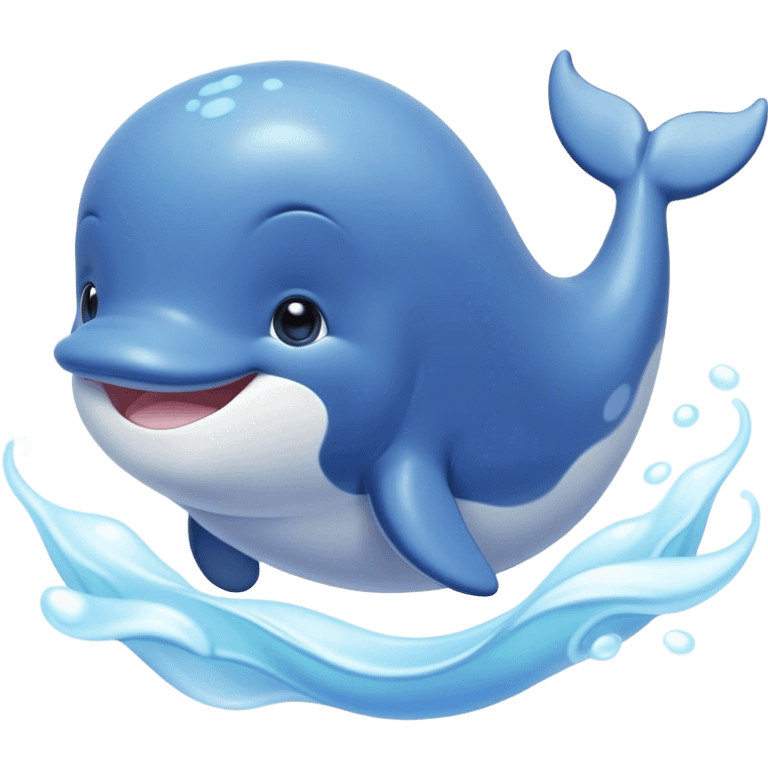 Cinematic happy baby whale, chubby rounded body, tiny smiling face, soft pastel blue hues, gentle glowing waves around, joyful and soothing. emoji