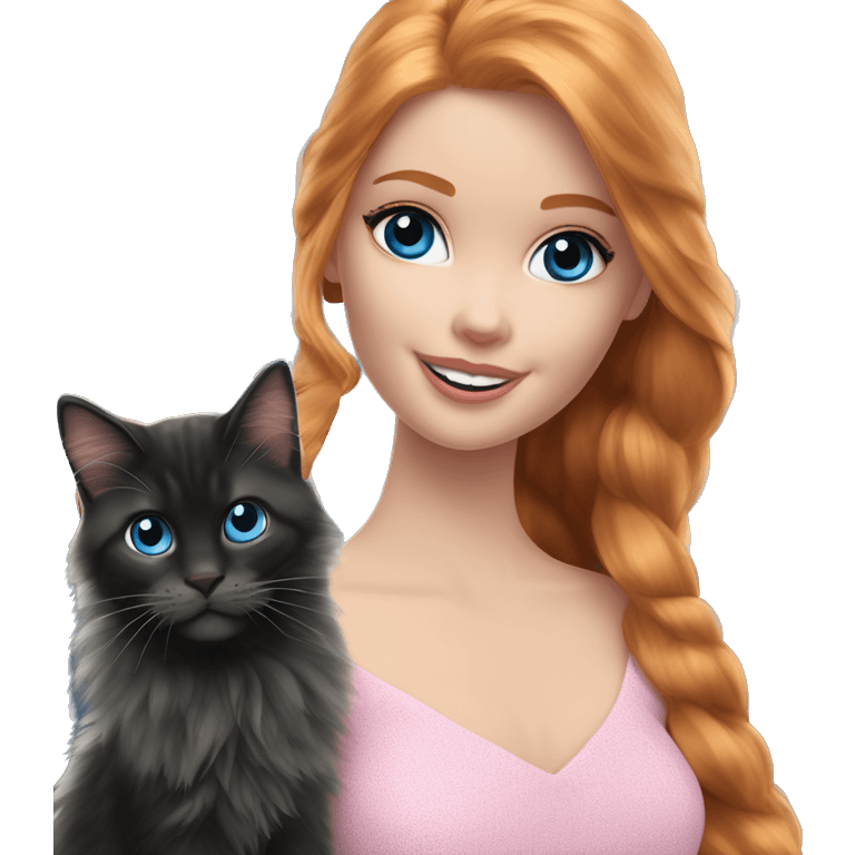 Barbie girl with long ginger hair and blue eyes Holds in her arms Black Maine coon emoji