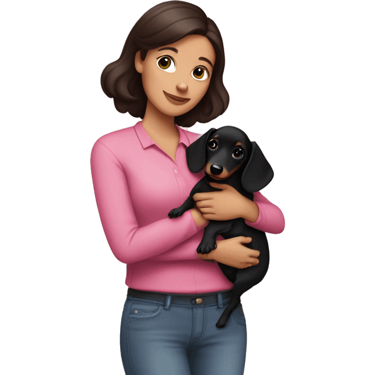 a brunette woman in a pink shirt, with white skin, holding black dachshund puppy in her arms lovingly emoji