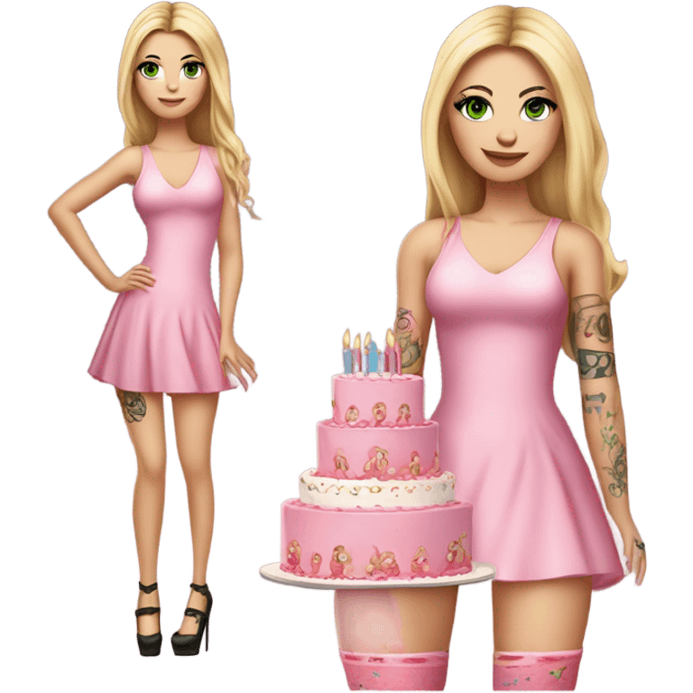 Realistic White girl with Long straight blonde hair, green eyes, tattoos, full body wearing pink dress and High heels, holding pink birthday cake emoji