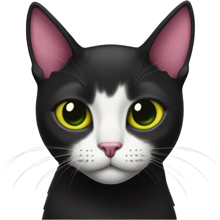 fully black shorthair cat with pink ears on the inside and eyes who’s color is green around the pupil and yellow around the green  emoji