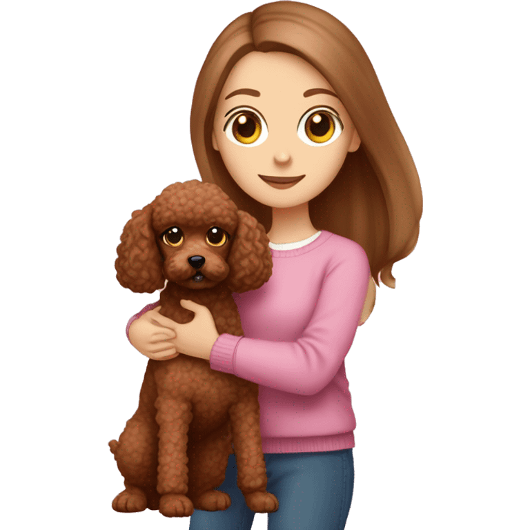 Pretty green eyed white girl with straight long brown hair in a pink sweater holding a brown toy poodle emoji