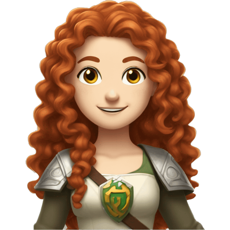 a white girl with long red curly hair and freckles, cosplaying Zelda posing and smiling emoji