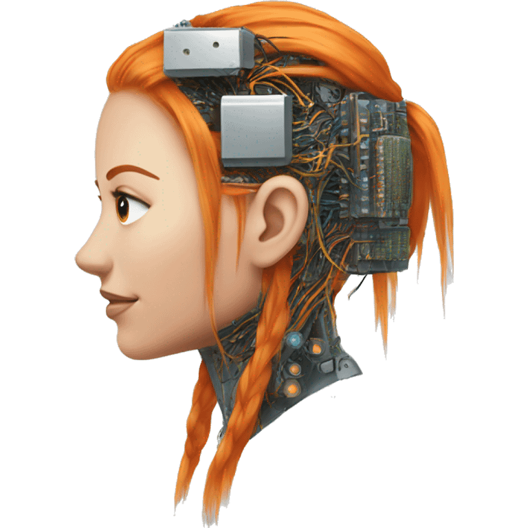 Head of female cyborg with long orange hair and circuits emoji