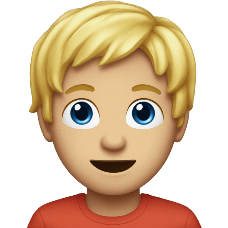 A blond hair boy with blue eyes eating a fruit roll up emoji