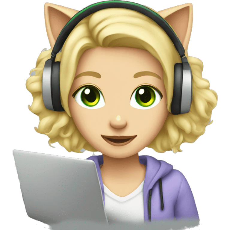 blonde girl green eyes and cat headphones with laptop emoji