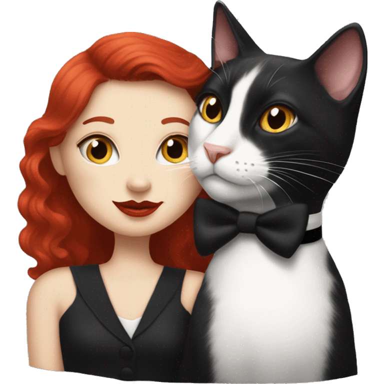 Tuxedo cat with black dot on nose snuggling with a red headed woman with red lipstick emoji