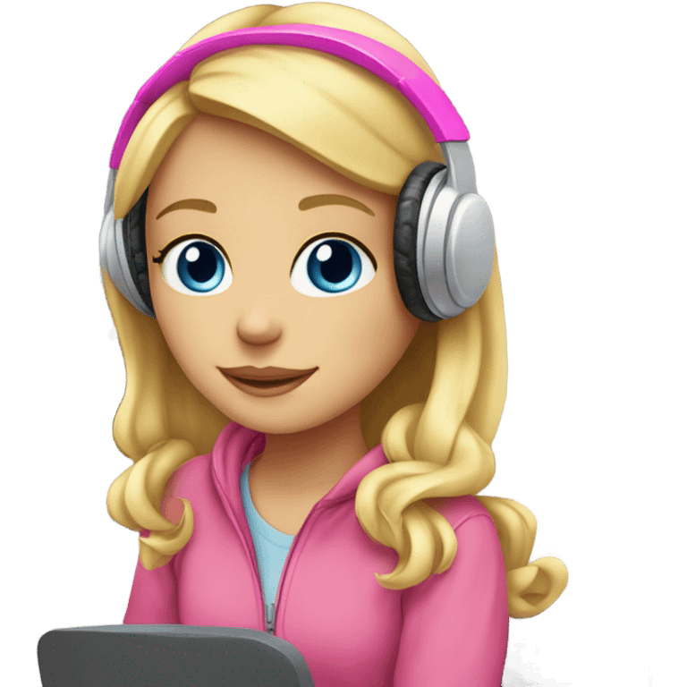 blonde hair blue eyed girl pink headphones and computer emoji