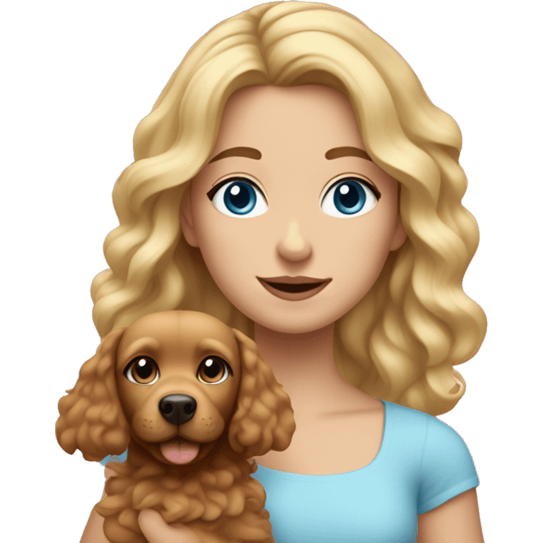 Blonde girl with wavy hair and blue eyes, dressed in pink and holding a small brown dog emoji