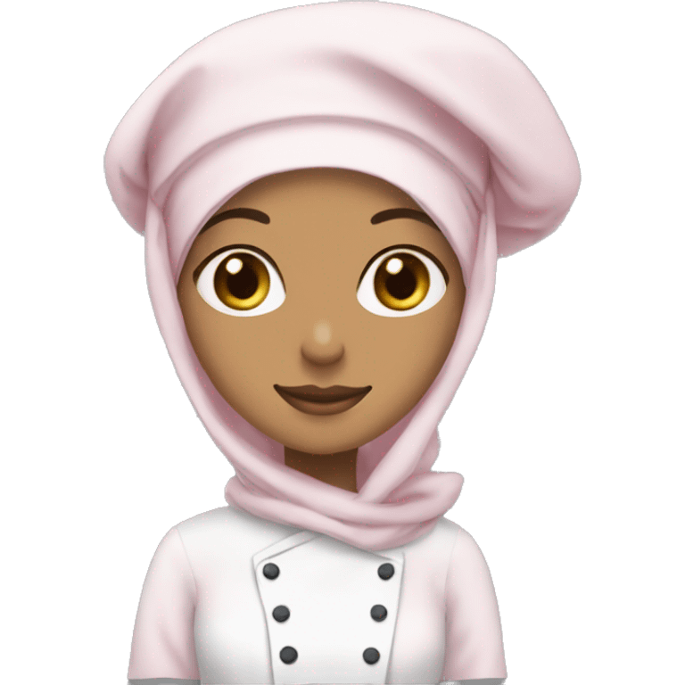 hijabi fair medium skin,  light pink hijab with chef hat on, and white cat emoji