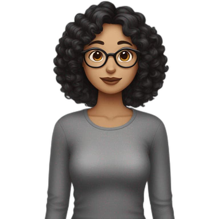 A curly woman with black hair and glasses, a big nose, eyebrows close to the eyes and a small sweet spot under the lips on the left side holds a gray cat emoji