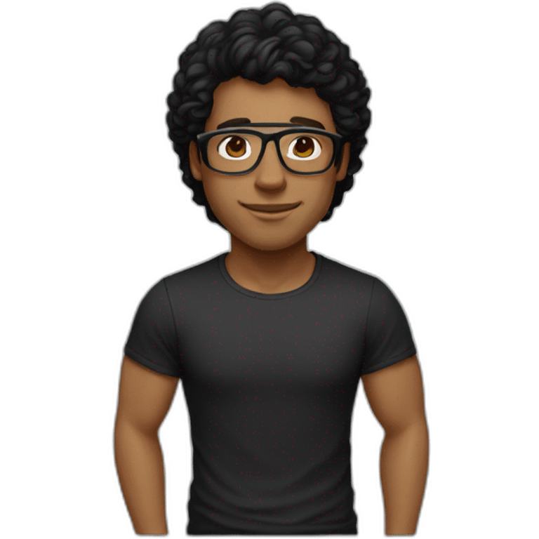 Light Brown guy, black medium long wavy hair, no facial hair, transparent aviator glasses, black t shirt emoji