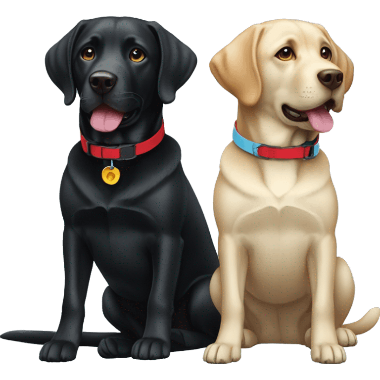 black-coloured labrador on the left with red collar, black-coloured labrador on the right with light blue collar. emoji