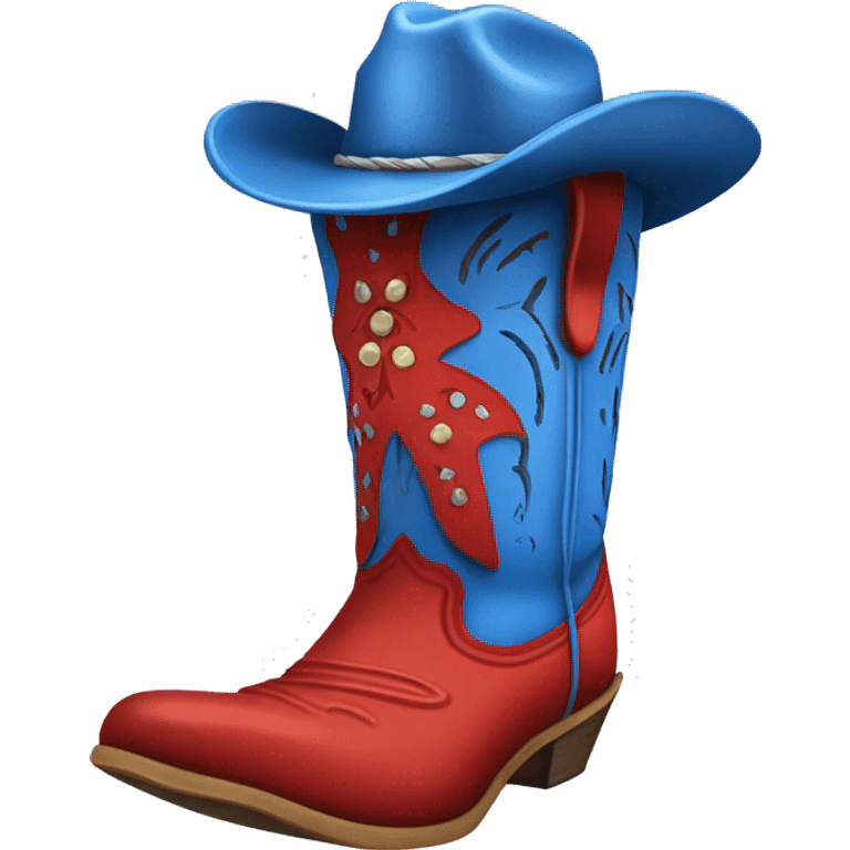 Tall blue and red cowboy boot with cowboy hat on top emoji