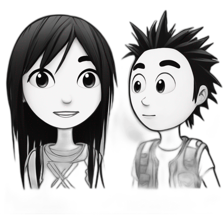 a dog and a girl with black spiky hair looking at each other in style of ((sarah andersen)), black and white,sarah andersen,cartoon,drawn,sketch emoji