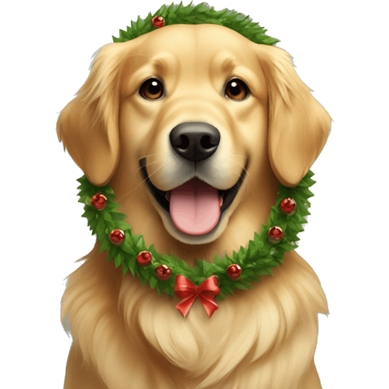 Golden retriever wearing a Christmas wreath around neck emoji