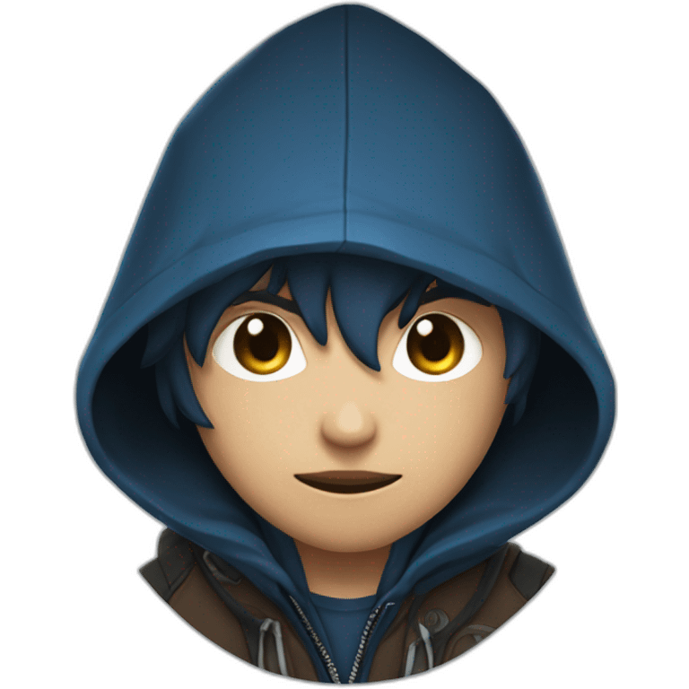 Boy brown developer left side behind his laptop with this style: Valorant Riot Game blue character blue black hooded hacker  emoji