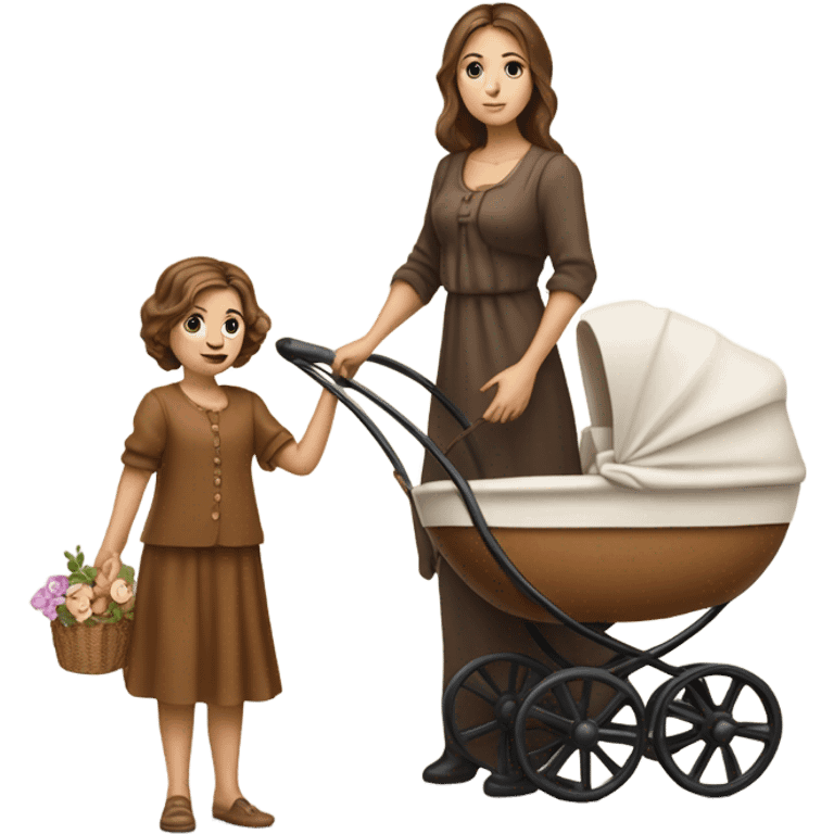 slavic beautiful mother with brown hair. next to caramel baby carriage emoji