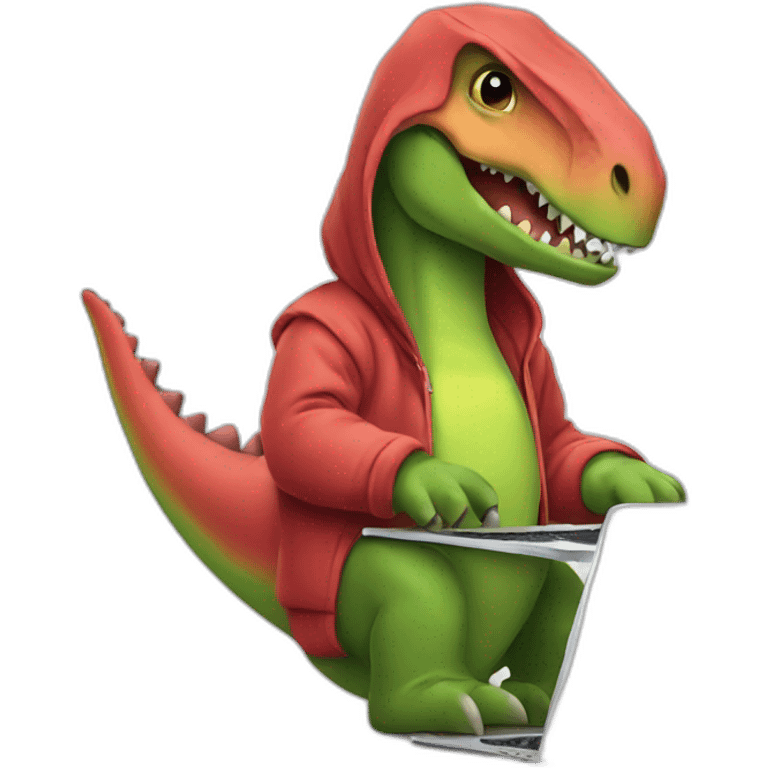 dinosaur working on a laptop with a hoodie emoji