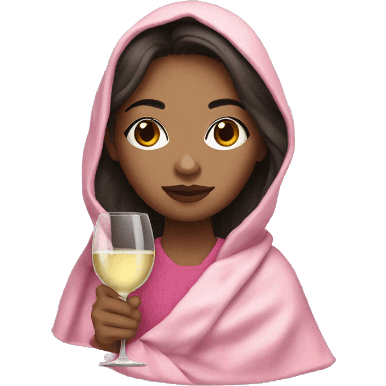 a girl with light skin and dark hair and a glass of white wine wrapped in a pink blanket emoji