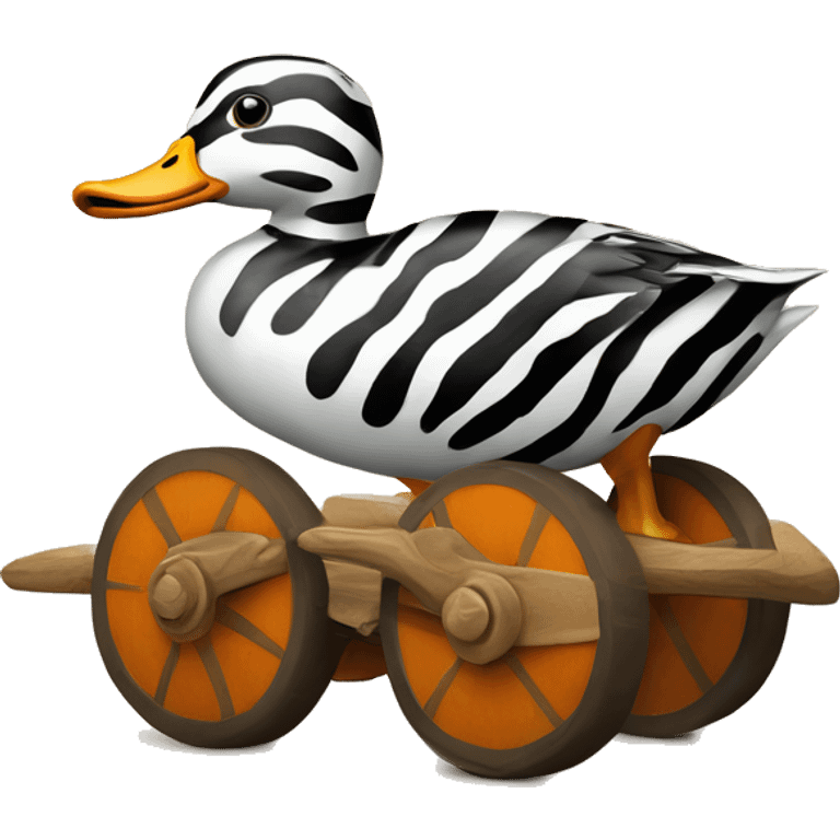 Duck with tiger stripes on wooden wheels like from the book janosh emoji