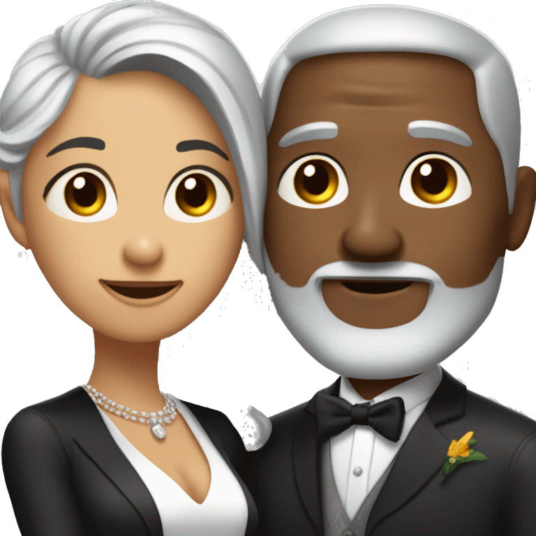 A white grey haired man with a goatee has just married, with a black woman with black hair and a brown complexion. They have a lot of money. they are hugged emoji