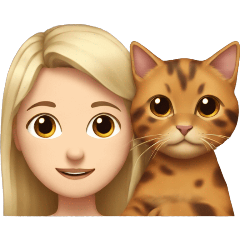 a girl with blond hair and brown eyes hugs a tortoiseshell cat emoji