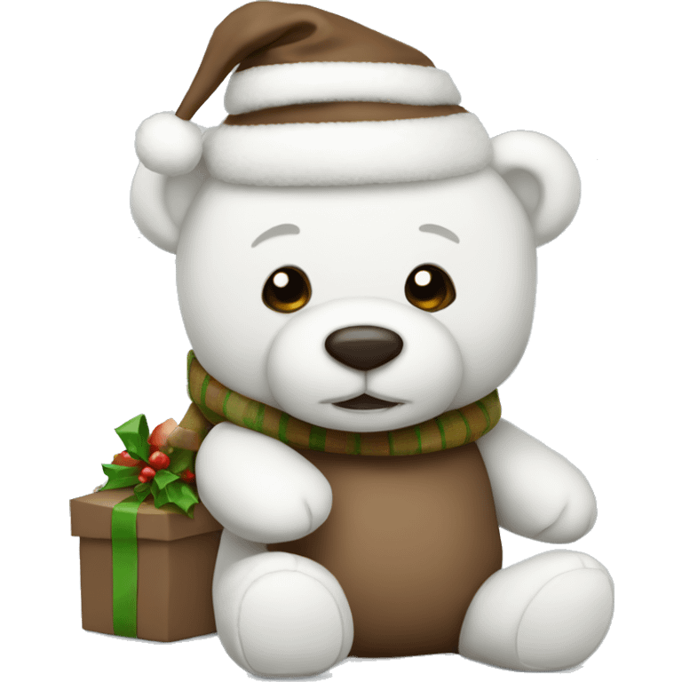 White Christmas teddy bear with brown emoji