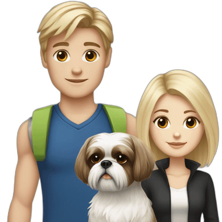 a blonde white girl with a dark haired boy and one dog shih tzu emoji