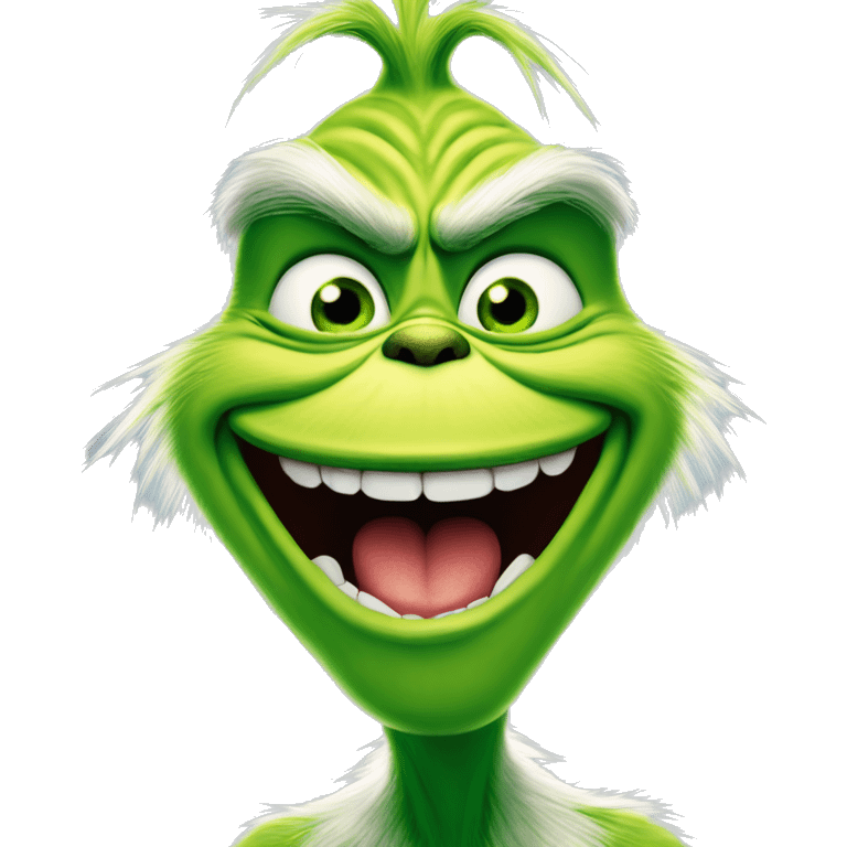 The grinch smiling maniacally with full teeth while making eye contact with the camera emoji