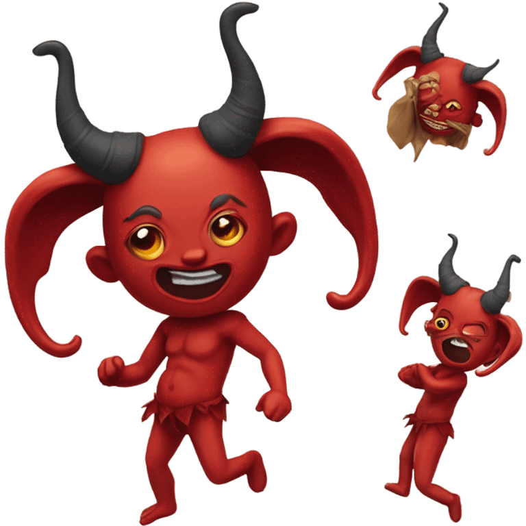 Red horned Satan doll swinging legs falling off a shelf  emoji