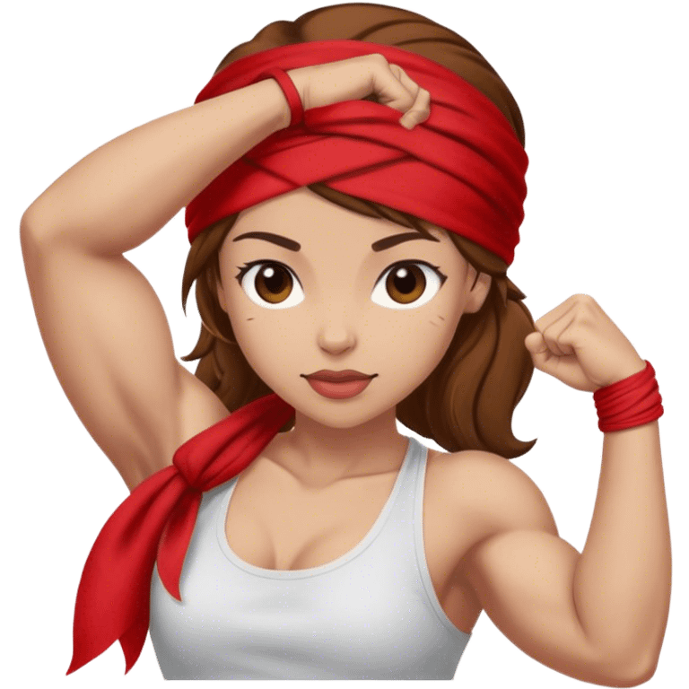 Light skin and brown hair with red bandana Rosie the Riveter shows biceps emoji