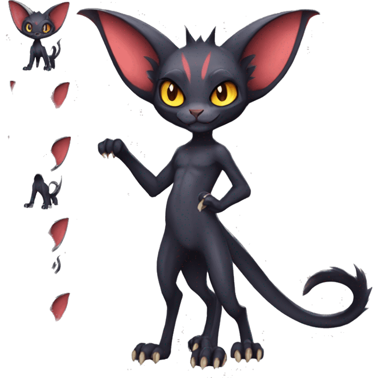 Black cool vampiric Noivern-Litten-Sphynx-Lykoi-Caracal-Fakemon with big bat ears full-body emoji