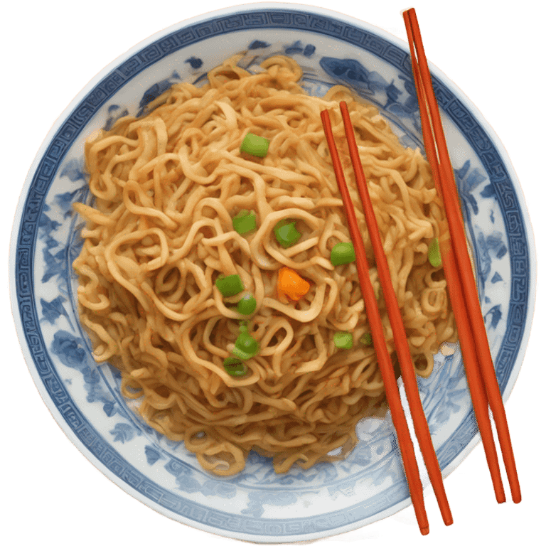 Chinese fried noodle in white and blue plate with orange spoon and chopsticks emoji