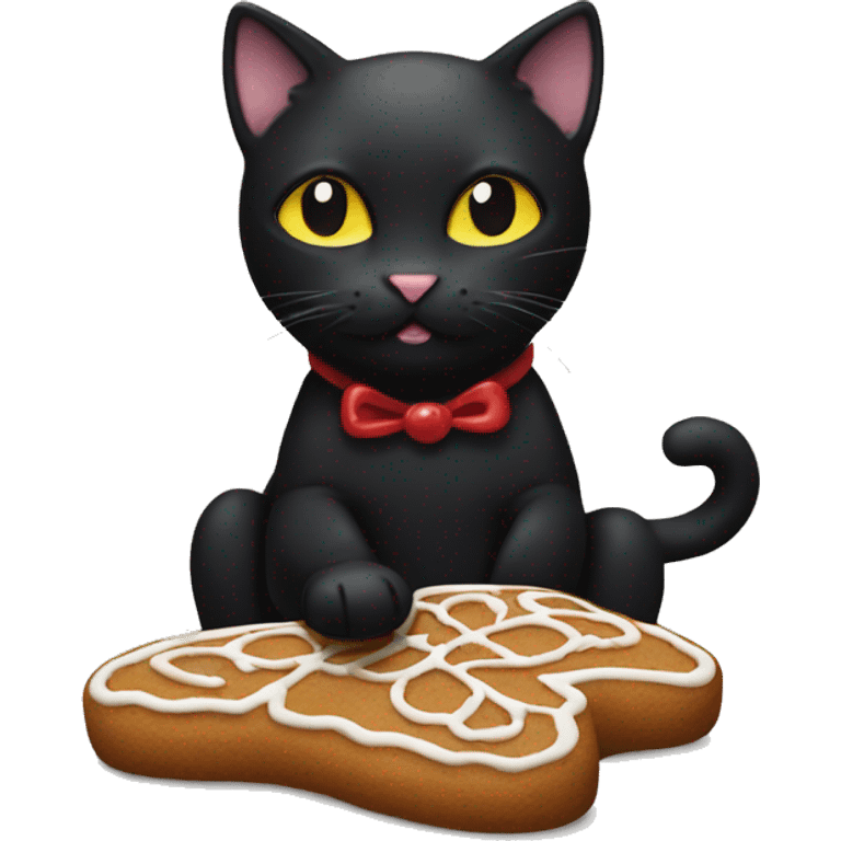 Black cat eating gingerbread man emoji