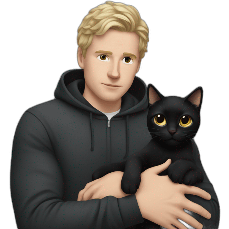 white man blakc hair, beany in tracksuit holdin black cat like a baby in arms emoji