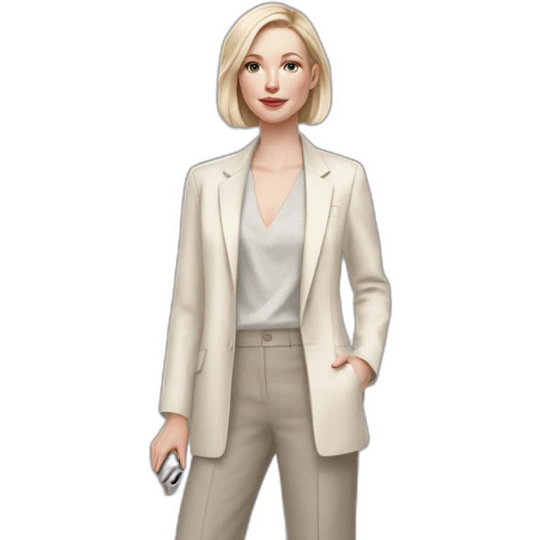 pale skin woman with ash blonde Straightened bob Hair, White Spacious classical jacket, beige palazzo Arrow pants and gray blouse holding IPhone 15 pro in the hands emoji