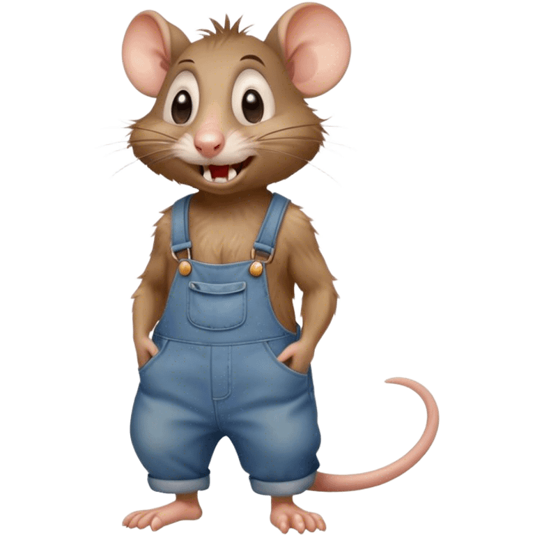 dizzy cartoon hillbilly rat wearing overalls no shirt. standing and talking full body. human eyes. teeth showing talking. walking ad talking emoji