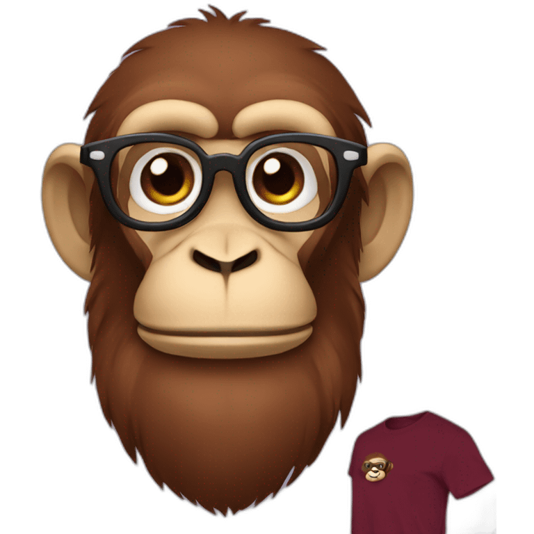 Monkey with glasses, moustache & beard wearing a maroon t-shirt emoji